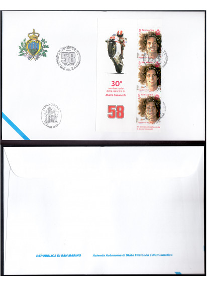 2017 - San Marino Bustone con 3 francobolli nuovi 30° Nascita Marco Simoncelli Appendice Laterale